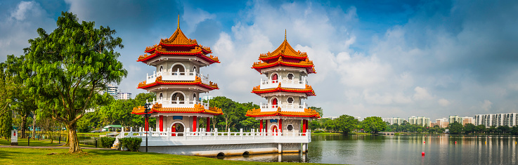 The twin pagodas and marble bridge of the Japanese Gardens in Jurong East, Singapore. ProPhoto RGB profile for maximum color fidelity and gamut.