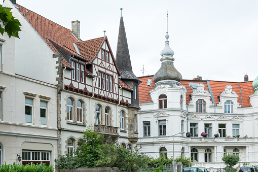 Old white houses in a summer day, Hannover, Lower Saxony, Germany