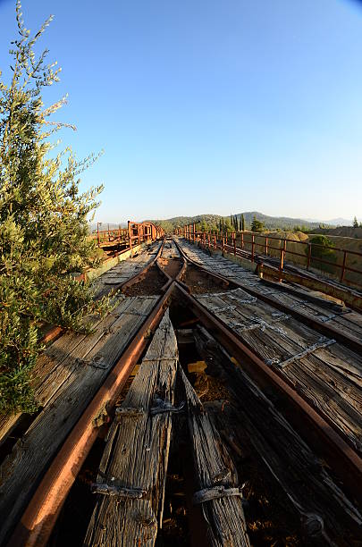istock Two mining rail tracks merge at an abandoned mine 473146872