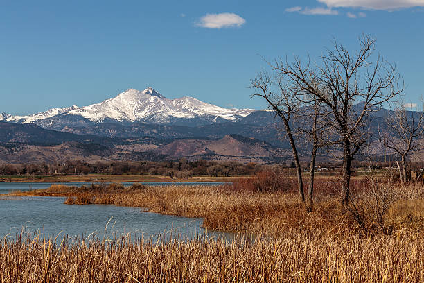 Long's Peak A snowcapped Long's Peak photographed in early spring from Dawson Park near McIntosh Lake, Longmont.  colorado rocky mountain national park lake mountain stock pictures, royalty-free photos & images