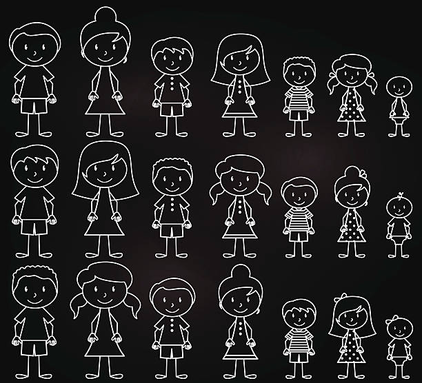 ilustraciones, imágenes clip art, dibujos animados e iconos de stock de vector conjunto de linda y diversa chalkboard stick personas - the human body cartoon figurine characters