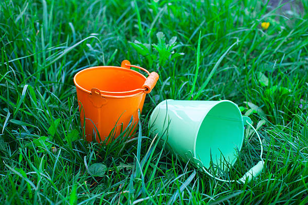 two buckets in green grass
