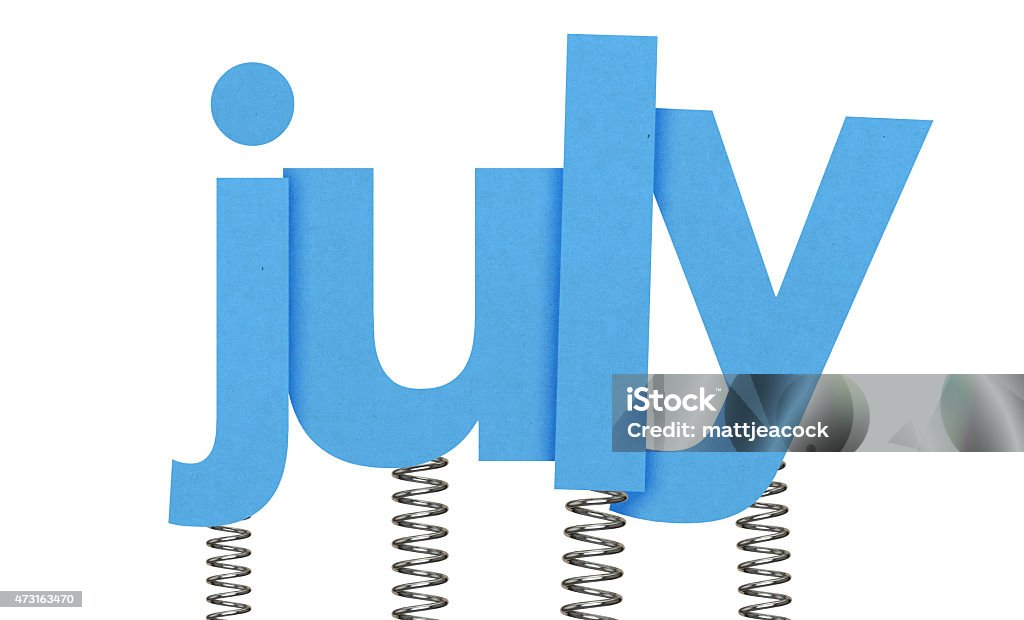 July made from letters on springs The word July is spelt out in blue lowercase paper letters. The letters are each attached to a metal spring at the bottom of the font. Each letter overlaps and casts a small shadow. The background is plain white. 2015 Stock Photo