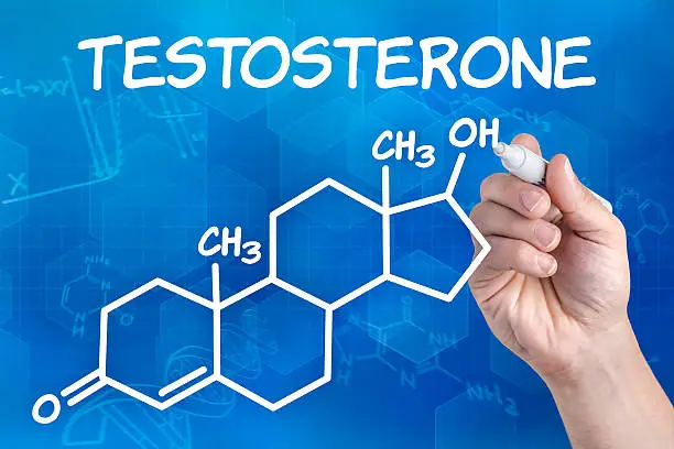 Photo of hand with pen drawing the chemical formula of testosterone