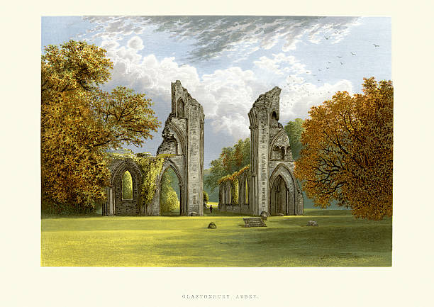 Glastonbury Abbey, Somerset, England Vintage colour engraving of Glastonbury Abbey a monastery in Glastonbury, Somerset, England. The ruins are now a grade I listed building, and a Scheduled Ancient Monument. The abbey was founded in the 7th century and enlarged in the 10th, before a major fire in 1184 destroyed the buildings. It was rebuilt and by the 14th century was one of the richest and most powerful monasteries in England.  The abbey was suppressed during the Dissolution of the Monasteries under King Henry VIII of England. Abbey stock illustrations