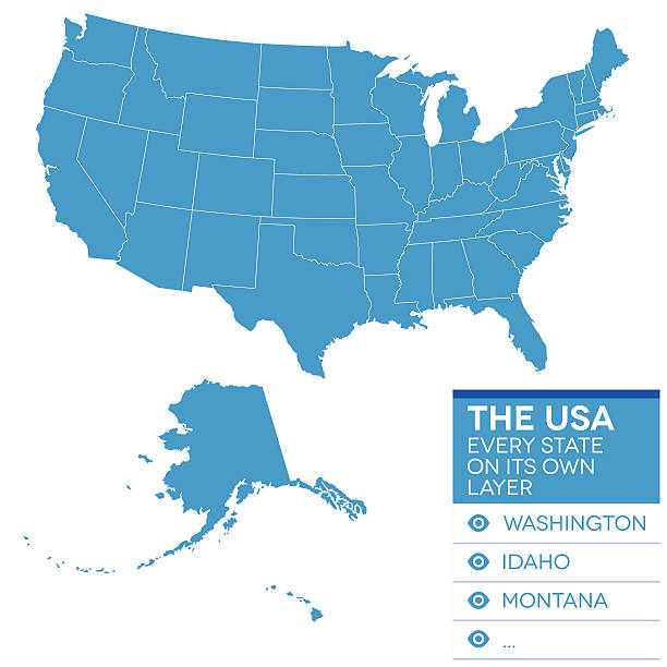 map of the united states of america in blue over white - 國家地圖 幅插畫檔、美工圖案、卡通及圖標