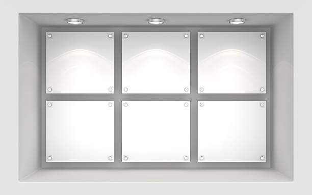 istock Exhibit Showcases with white placards and light bulbs 473173682