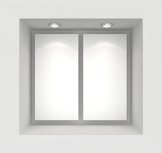 istock Exhibit Showcases with white placards and light bulbs 473173696