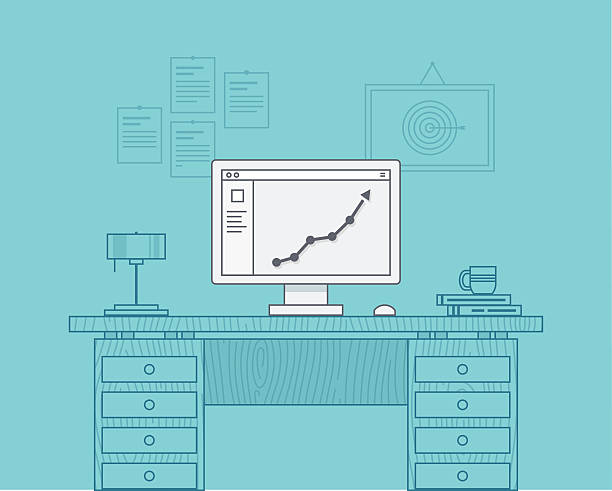 w górę wykres na ekranie komputera w biurze - computer graphic number achievement analyzing stock illustrations