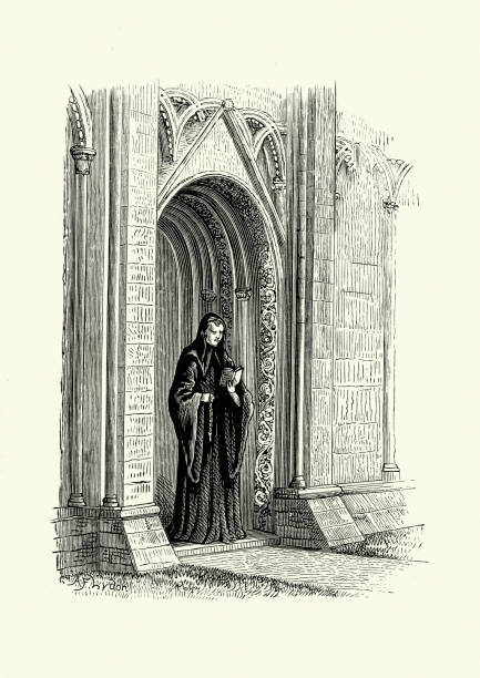 benedyktyński mnich z opactwo glastonbury - glastonbury stock illustrations