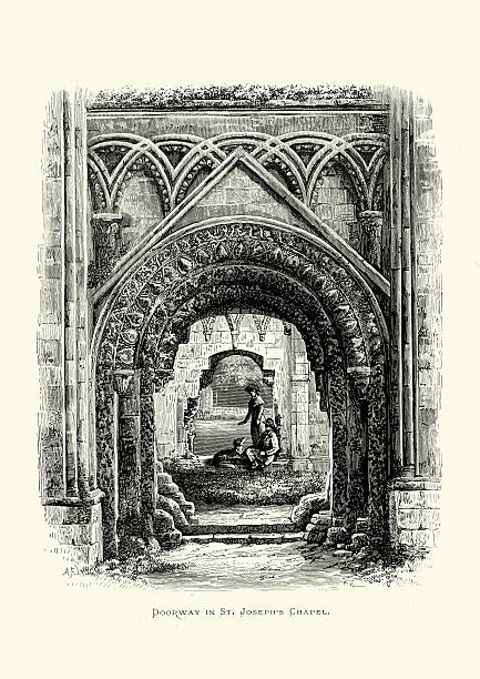 opactwo glastonbury-drzwi w st joseph's chapel - glastonbury stock illustrations