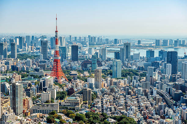 Tokyo Skyline Tokyo aerial view from Roppongi Hills. Views toward Koto, Minato, Chuo and Tokyo Bay. tokyo stock pictures, royalty-free photos & images