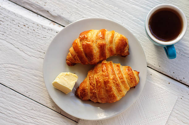 istock Breakfast with fresh baked croissants, butter and coffee 473180554