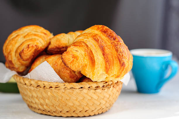 istock Breakfast with fresh baked croissants, butter and coffee 473185242