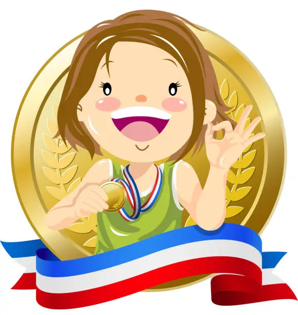 Vector illustration of Little girl holding up a golden nedal with banner