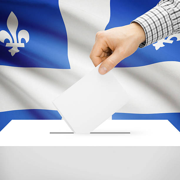 Ballot box with Canadian province flag on background - Quebec stock photo