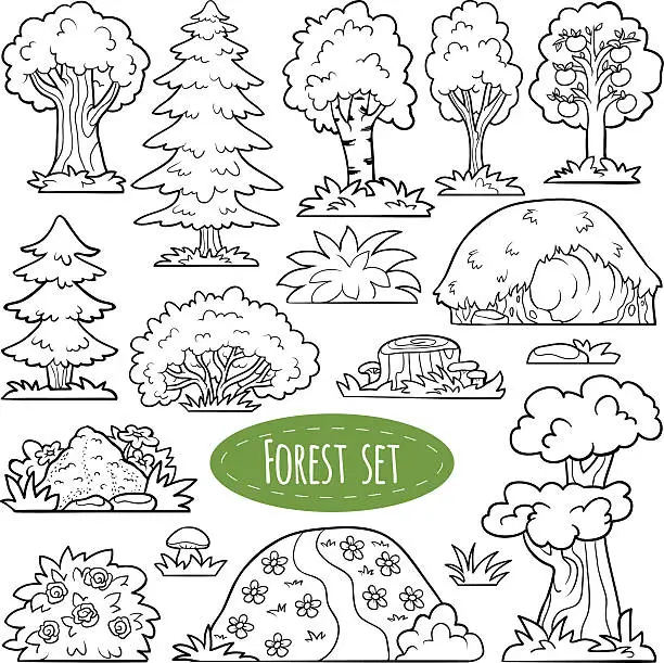 Vector illustration of Colorless vector set of forest items