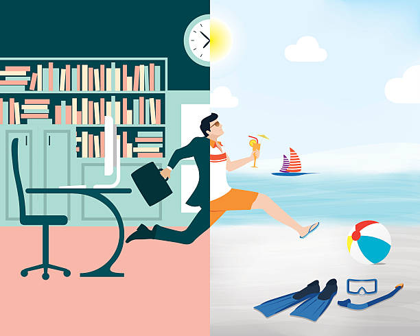 Cartoon showing a business man going from office to beach Transition to Vacation people jumping sea beach stock illustrations