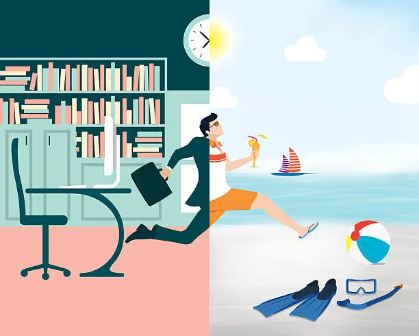 Vector illustration of Cartoon showing a business man going from office to beach