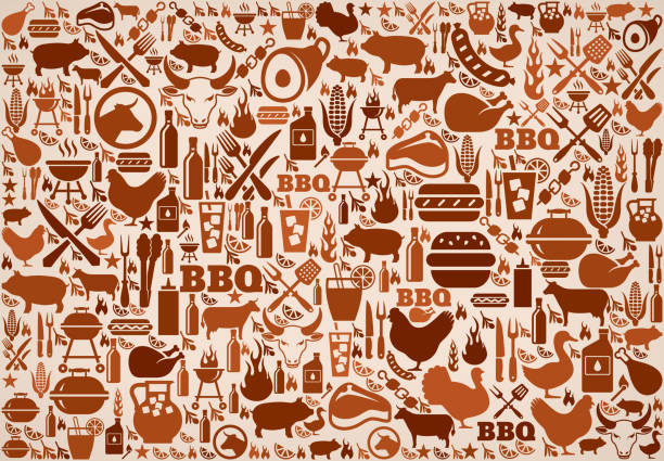 summer barbecue invitation vector background pattern summer barbecue invitation vector background. This royalty free vector illustration features a seamless pattern of barbecue icons. The icons range in size and include bbq favorites grill, steak, burger, eating and cooking utensils and refreshing summer drinks. The pattern in brown tones on beige background. meat backgrounds stock illustrations