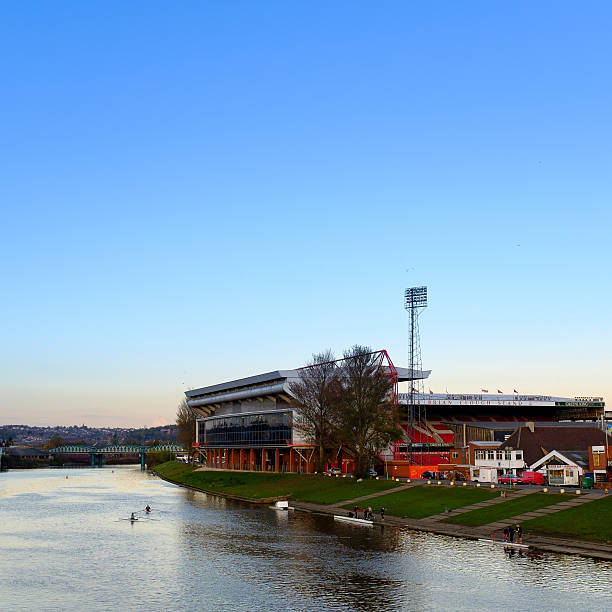 Nottingham Forest Football Ground River Trent Nottingham, England - November 5, 2014: Nottingham Forest Football Club stadium with River Trent in foreground. In Nottingham, England. On 5th November, 2014. football2014 stock pictures, royalty-free photos & images