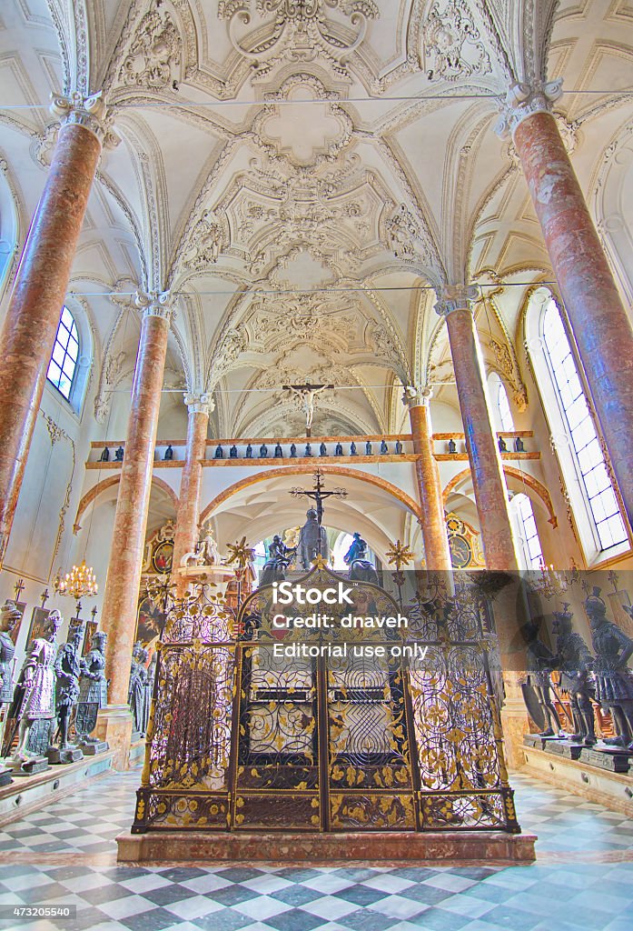 Hofkirche (Court Church) in Innsbruck, Austria Innsbruck, Austria - April 9, 2015: Inside the Hofkirche (Court Church) - An Ornate Gothic church with tombs of Emperor Maximilian I and Archduke Ferdinand in Innsbruck, Austria 2015 Stock Photo