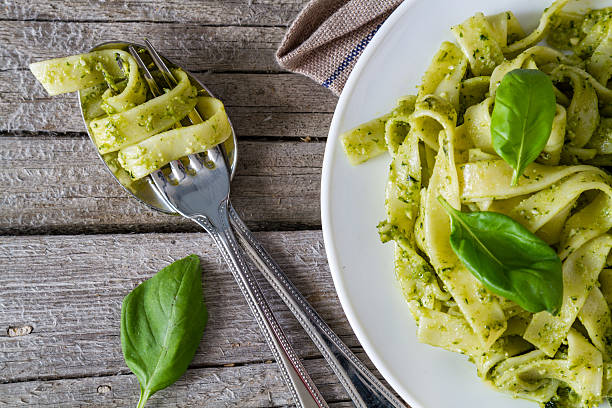 istock Pesto pasta wrapped around a fork next to a plate with pasta 473210020