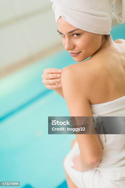 Young Woman By The Pool Stock Photo - Download Image Now - 2015, Adult, Adults Only