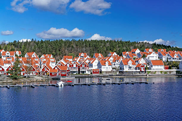 istock White summer cottages on the fjord 473216448