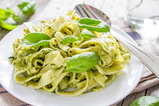 istock Pesto pasta with basil leaves on a white plate 473217204