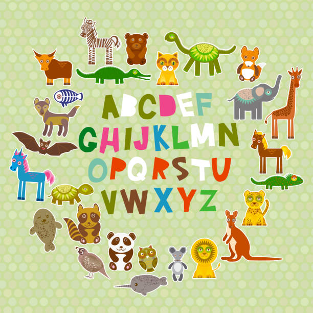 ilustrações, clipart, desenhos animados e ícones de alfabeto para crianças de um a z. conjunto de animais engraçados - lizard
