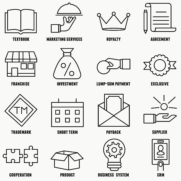 satz von linear franchising-symbole.   franchis'einen erfolgreichen geschäftsmodell - legal system business book advice stock-grafiken, -clipart, -cartoons und -symbole