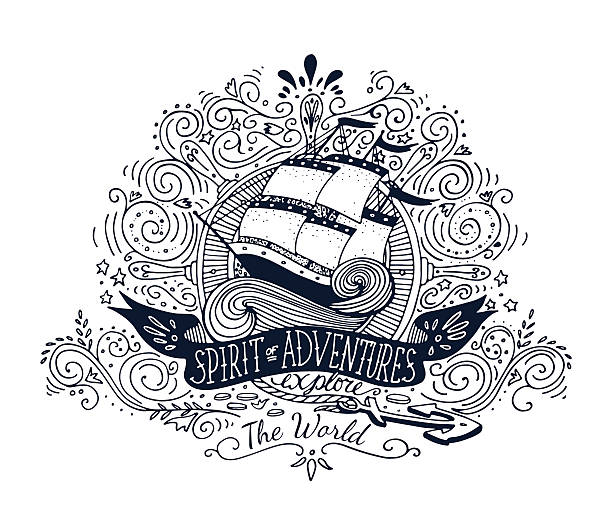 ilustrações de stock, clip art, desenhos animados e ícones de mão desenhada vintage rótulo com uma nave e lettering - nautical vessel wave pattern old fashioned summer