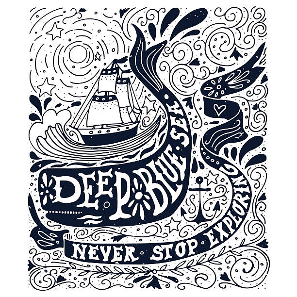 ilustrações de stock, clip art, desenhos animados e ícones de mão desenhada vintage rótulo com uma nave, baleia e lettering - nautical vessel wave pattern old fashioned summer