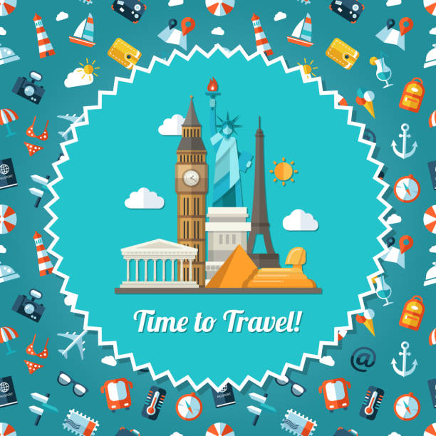 istock Illustration of travel flat design postcard with icons 473230094