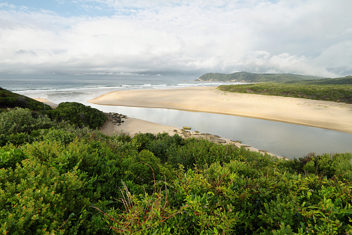 Aerial shot looking over the Kariega River in Kenton on Sea along the Eastern Cape Coastline of South Africa. Holiday destinations in the Eastern Cape