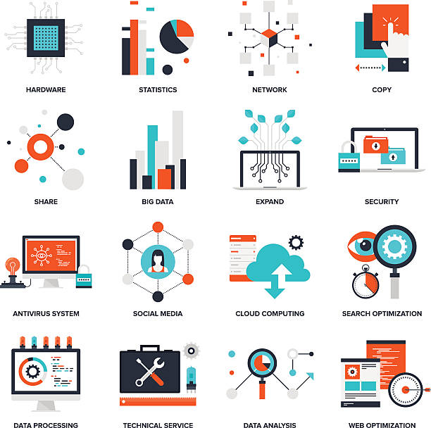 Technology concepts Abstract flat vector illustration of technology concepts. Elements for mobile and web applications. social media infographics stock illustrations