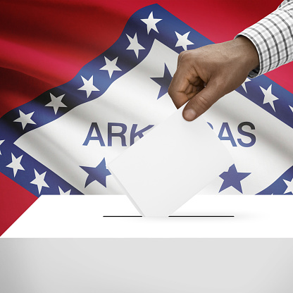 Ballot box with US state flag on background - Arkansas
