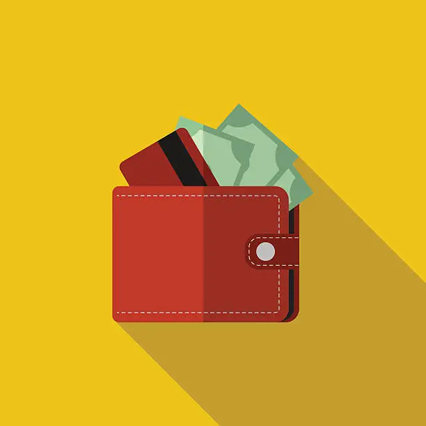 Vector illustration of Flat wallet with card and cash with long shadow