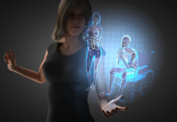 женщина и человек на инвалидной коляске с голограммой - hologram led futuristic women стоковые фото и изображения