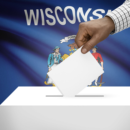 Ballot box with US state flag on background - Wisconsin