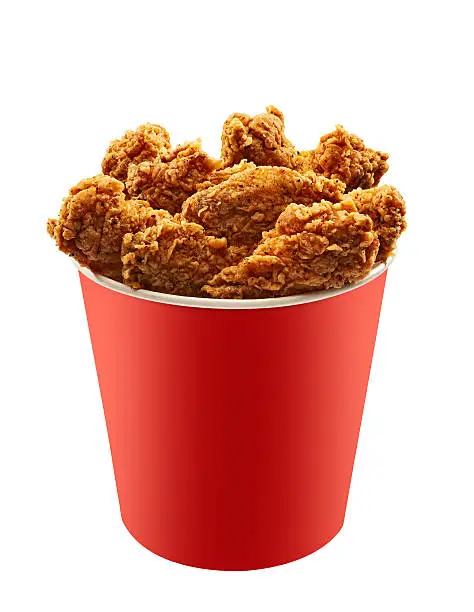 Photo of Red bucket of fried chicken on white background