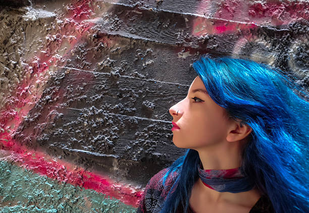 Blue haired girl in the abandoned building