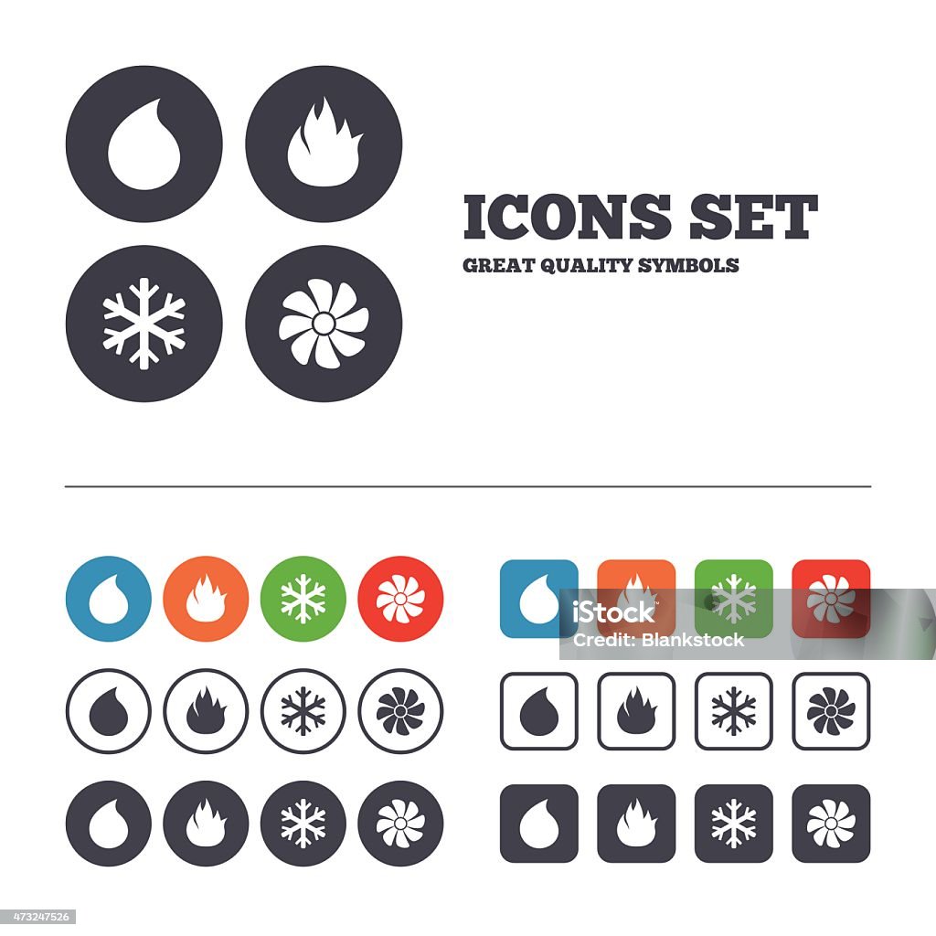 HVAC. Heating, ventilating and air conditioning HVAC icons. Heating, ventilating and air conditioning symbols. Water supply. Climate control technology signs. Web buttons set. Circles and squares templates. Vector 2015 stock vector