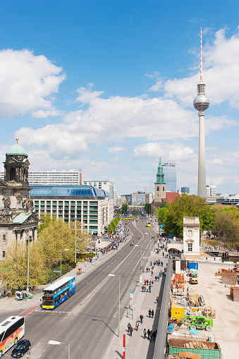 Karl Liebknecht Strasse in central Berlin with tv tower.