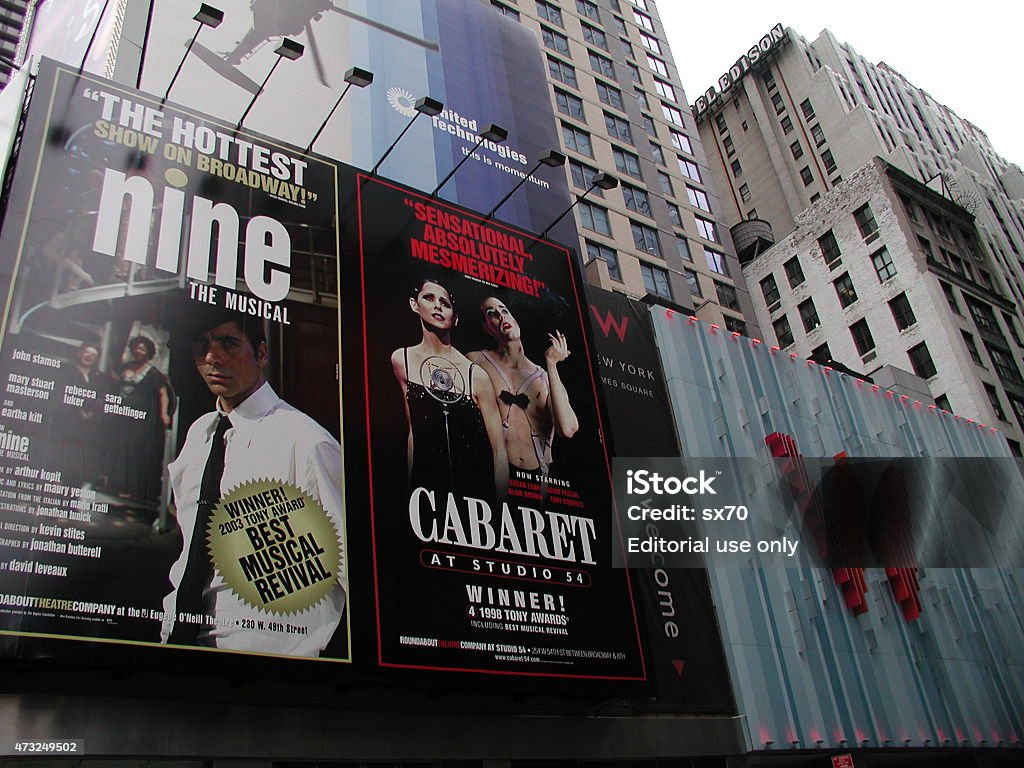 Musical Billboards beside W Hotel in Times Square NYC 2003 New York City, NY, USA - November 26, 2003: View of billboards for the musicals Nine and Cabaret beside The W Hotel in Times Square NYC. The W Hotel Stock Photo