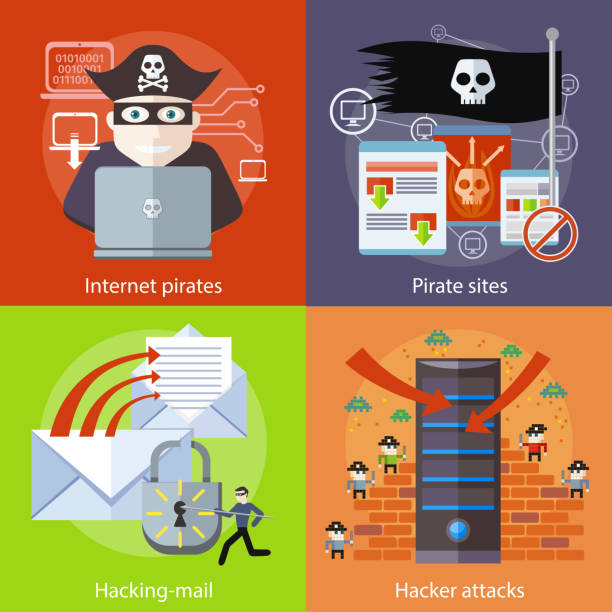 ilustrações, clipart, desenhos animados e ícones de hacker attaks, internet, piratas e locais de pirata - hacked laptop cracked computer bug