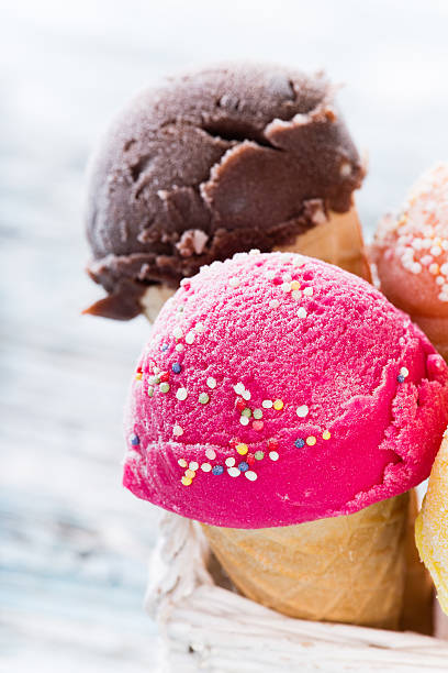istock Ice cream scoops on wooden table. 473252906
