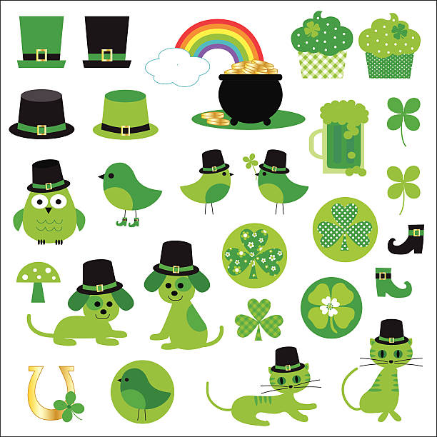 ilustraciones, imágenes clip art, dibujos animados e iconos de stock de st. patrick's day clip art - st patricks day dog irish culture leprechaun