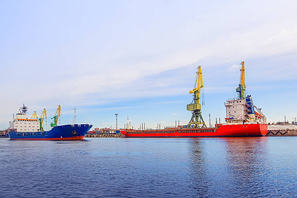 istock Cargo port. two ships. Ship red collection. blue ship is 473264494